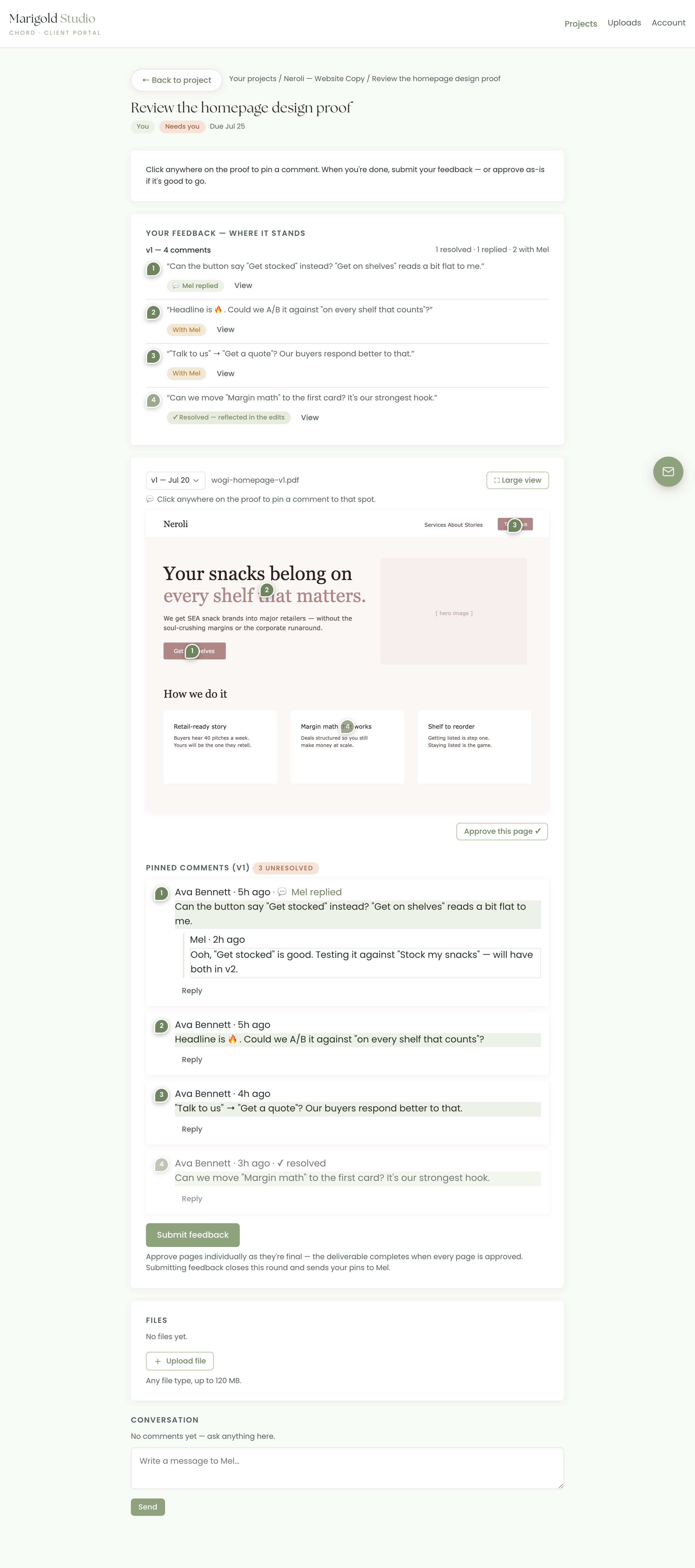 A client pinning comments on a website design proof