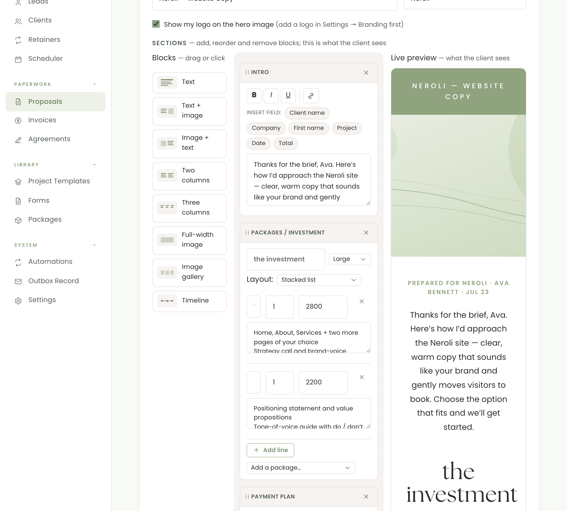 Chord's block-based proposal editor — a block palette, reorderable sections and a live preview