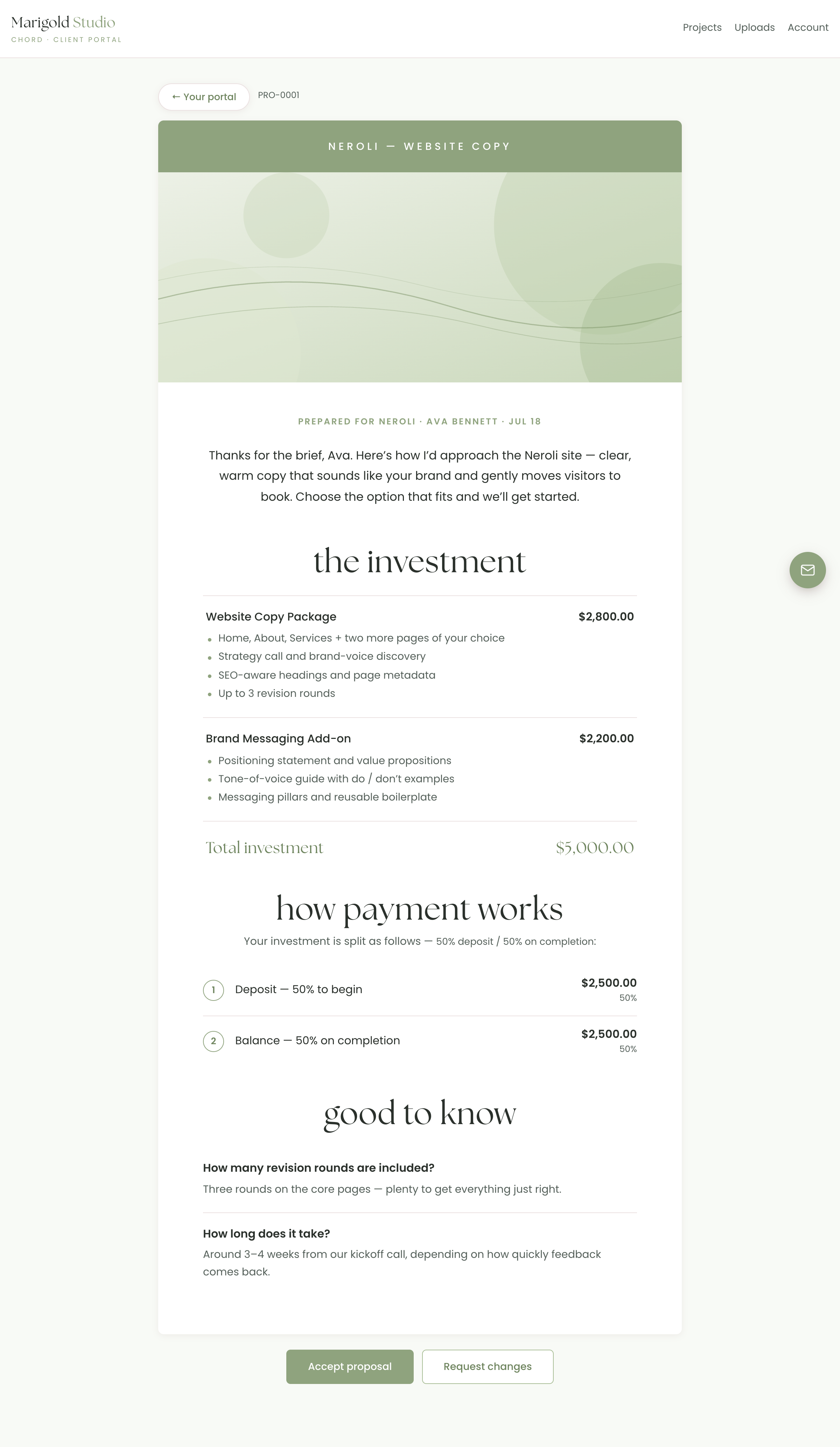 A real Chord proposal with header image, packages and pricing