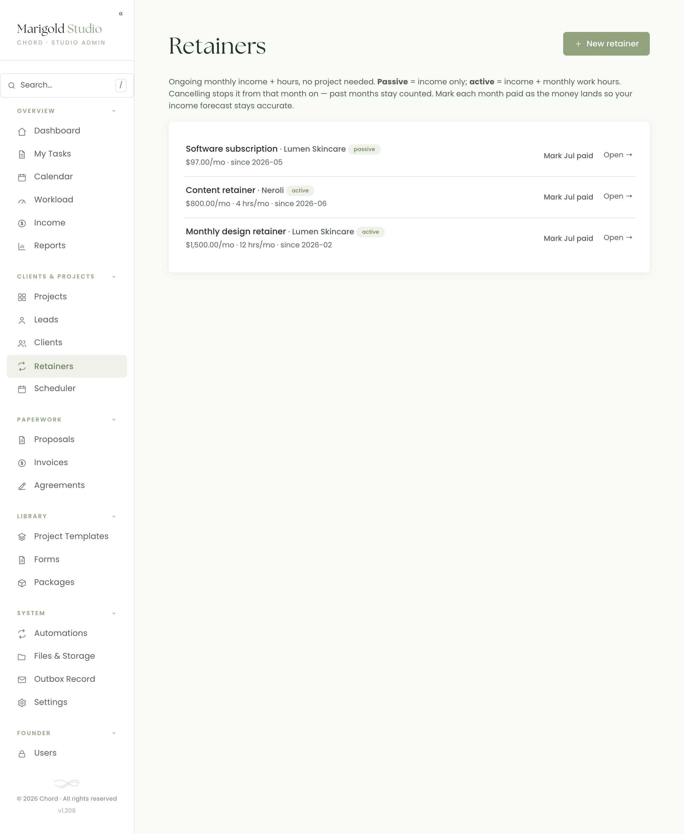 Chord's retainers list showing monthly amounts, hours and active or passive status