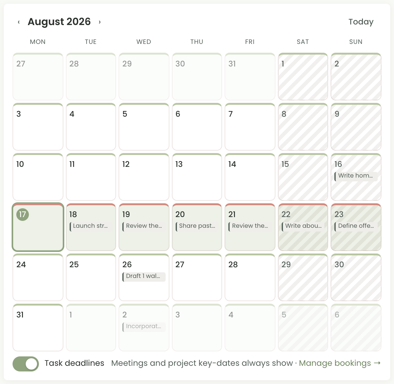 Chord's month calendar with each week's row carrying a green, amber or red capacity stripe